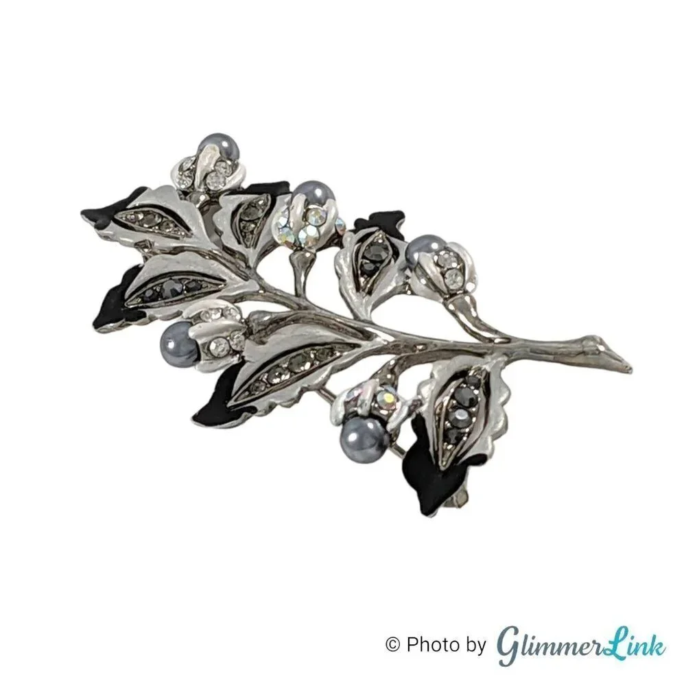 Vintage Two Tone Rhinestone Leaf Faux Pearl Branch Brooch